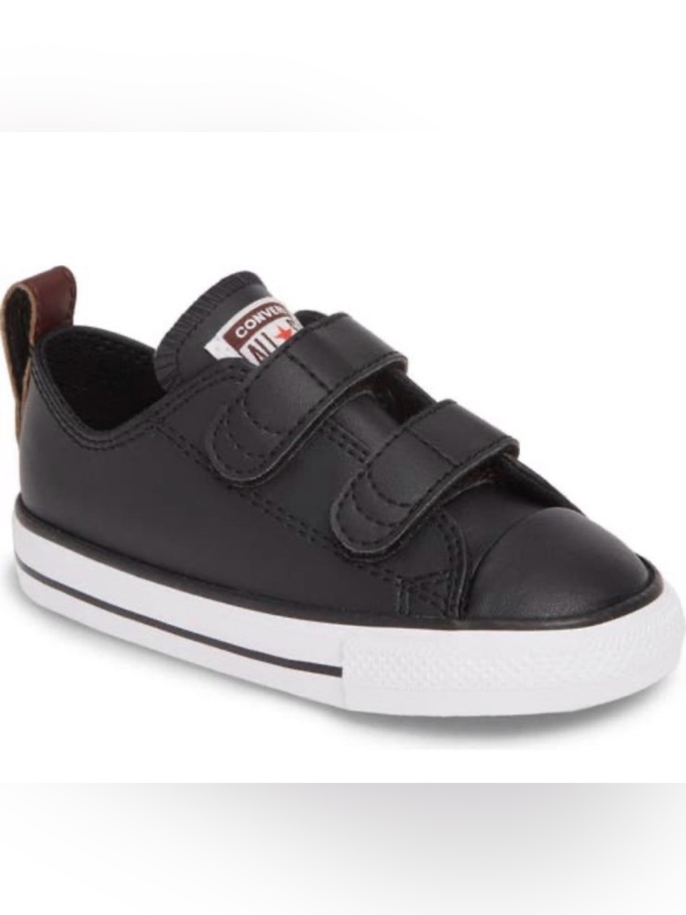 Converse Kids Black Leather Velcro Sneakers with White Soles
